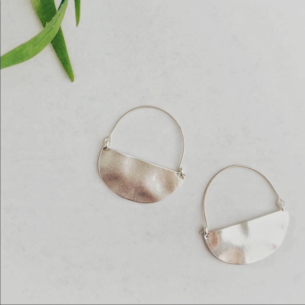 Half Moon Hammered Drop Hoop Earrings in Silver